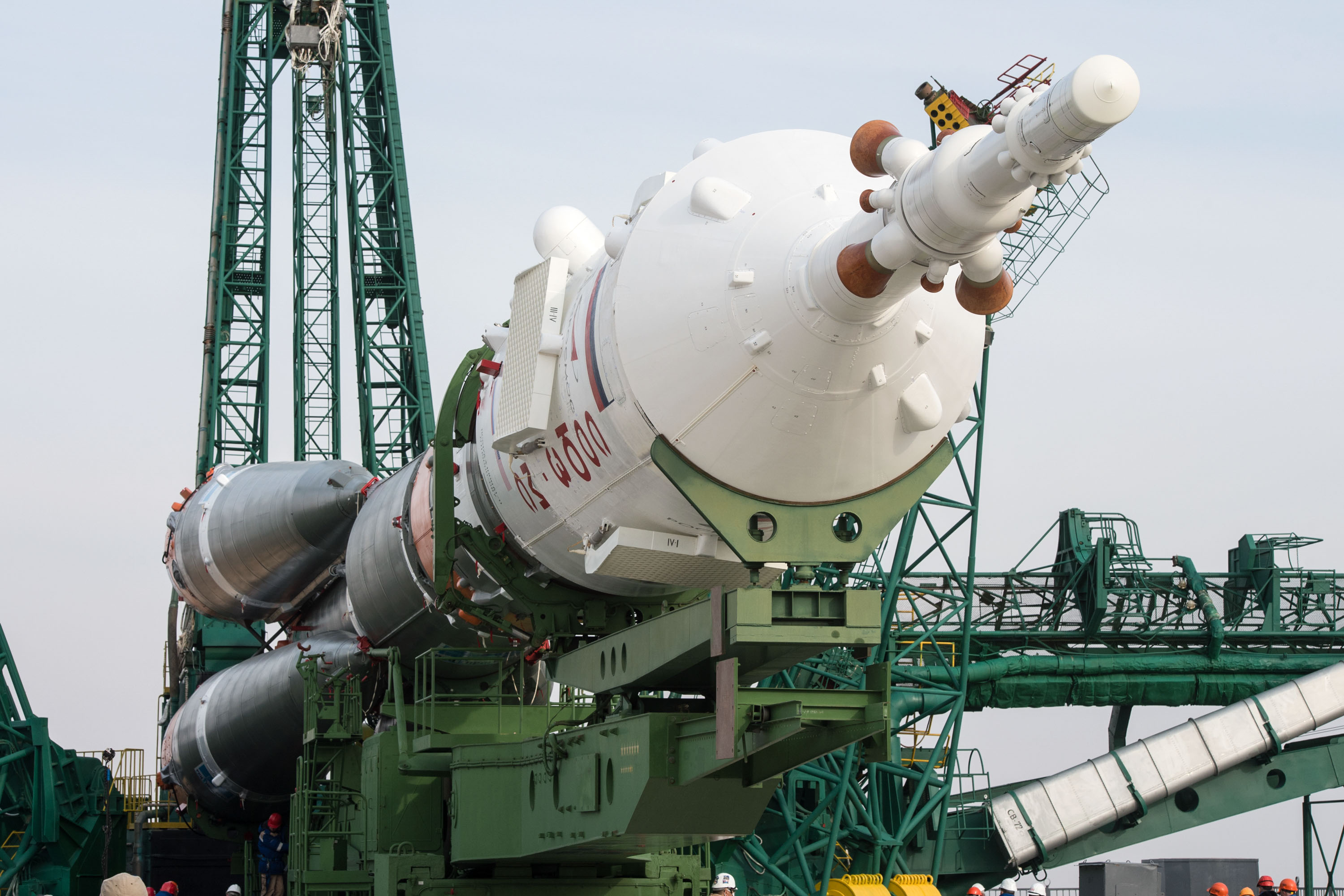 At the Baikonur Cosmodrome in Kazakhstan, the Soyuz MS-16 spacecraft and its booster are transported from the integration building to the Site 31 launch pad April 6 for final preparations for launch. Expedition 63 crewmembers Chris Cassidy of NASA and Anatoly Ivanishin and Ivan Vagner of Roscosmos are set to launch aboard the Soyuz MS-16 April 9 for a six-and-a-half month mission on the International Space Station.