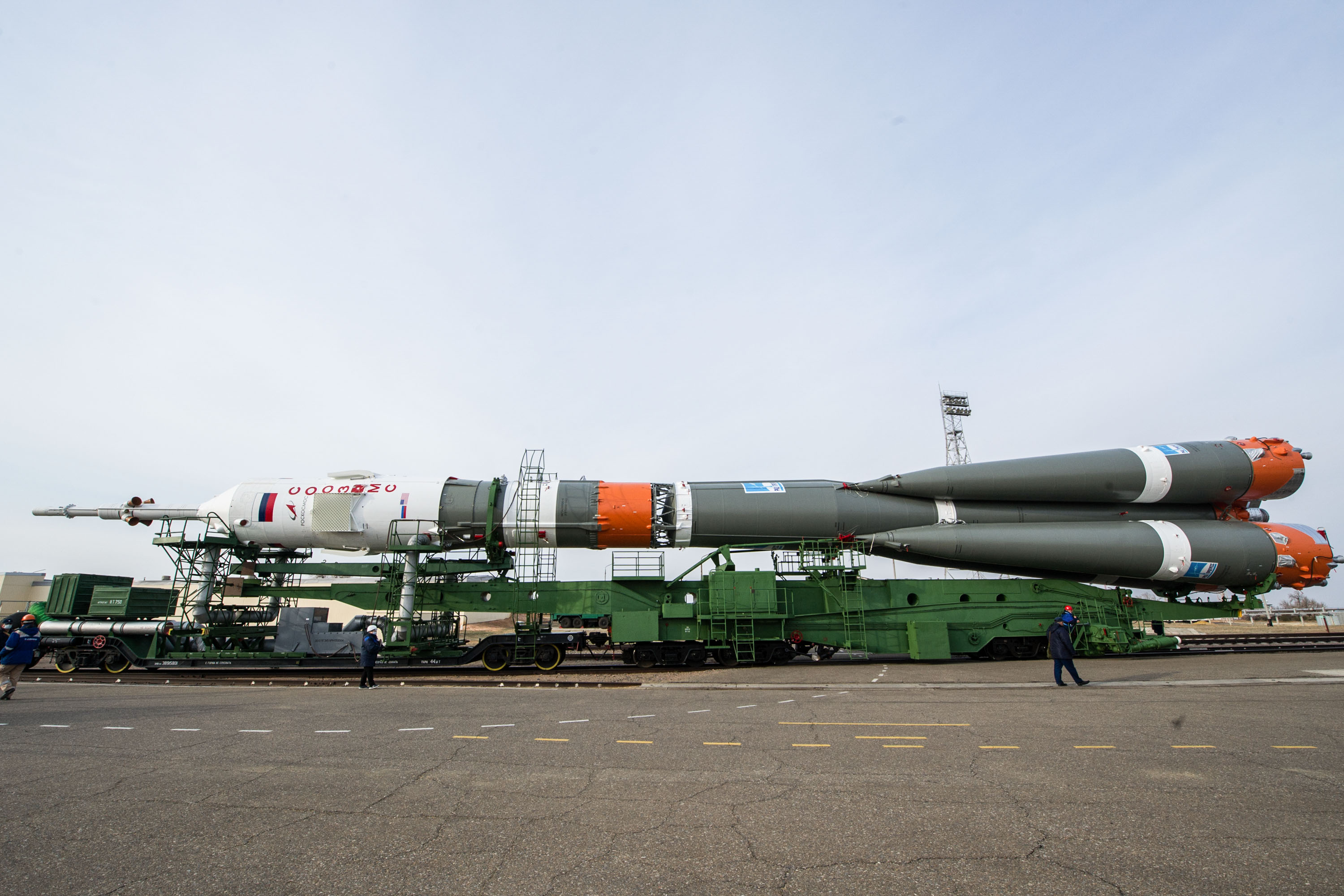 At the Baikonur Cosmodrome in Kazakhstan, the Soyuz MS-16 spacecraft and its booster are transported from the integration building to the Site 31 launch pad April 6 for final preparations for launch. Expedition 63 crewmembers Chris Cassidy of NASA and Anatoly Ivanishin and Ivan Vagner of Roscosmos are set to launch aboard the Soyuz MS-16 April 9 for a six-and-a-half month mission on the International Space Station.