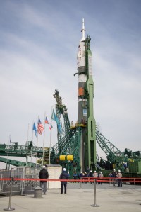 At the Baikonur Cosmodrome in Kazakhstan, the Soyuz MS-16 spacecraft and its booster stand at their vertical position at the Site 31 launch pad April 6 following rollout for final preparations for launch. Expedition 63 crewmembers Chris Cassidy of NASA and Anatoly Ivanishin and Ivan Vagner of Roscosmos are set to launch aboard the Soyuz MS-16 April 9 for a six-and-a-half month mission on the International Space Station.