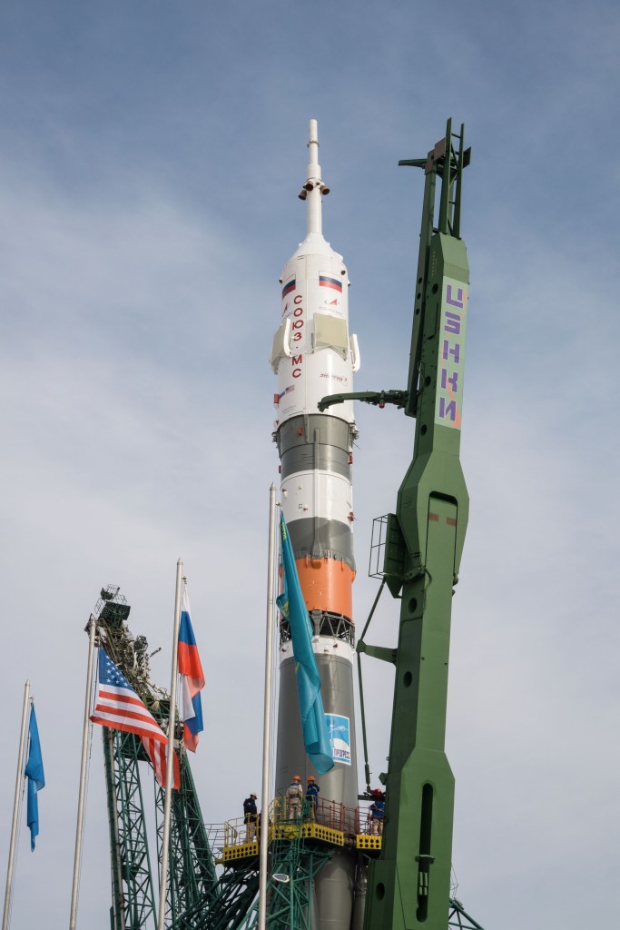 At the Baikonur Cosmodrome in Kazakhstan, the Soyuz MS-16 spacecraft and its booster stand at their vertical position at the Site 31 launch pad April 6 following rollout for final preparations for launch. Expedition 63 crewmembers Chris Cassidy of NASA and Anatoly Ivanishin and Ivan Vagner of Roscosmos are set to launch aboard the Soyuz MS-16 April 9 for a six-and-a-half month mission on the International Space Station.