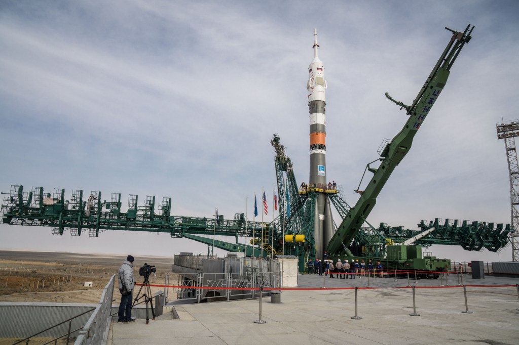 At the Baikonur Cosmodrome in Kazakhstan, the Soyuz MS-16 spacecraft and its booster stand at their vertical position at the Site 31 launch pad April 6 following rollout for final preparations for launch. Expedition 63 crewmembers Chris Cassidy of NASA and Anatoly Ivanishin and Ivan Vagner of Roscosmos are set to launch aboard the Soyuz MS-16 April 9 for a six-and-a-half month mission on the International Space Station.
