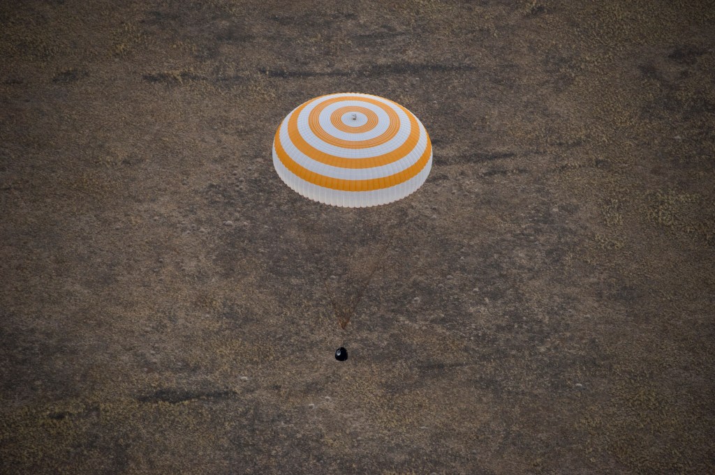 The Soyuz MS-16 spacecraft is seen as it lands in a remote area near the town of Zhezkazgan, Kazakhstan with Expedition 63 crew members Chris Cassidy of NASA, and Anatoly Ivanishin and Ivan Vagner of Roscosmos, Thursday, October 22, 2020, Kazakh time (Oct. 21 Eastern time). Cassidy, Ivanishin and Vagner returned after 196 days in space having served as Expedition 62-63 crew members onboard the International Space Station.