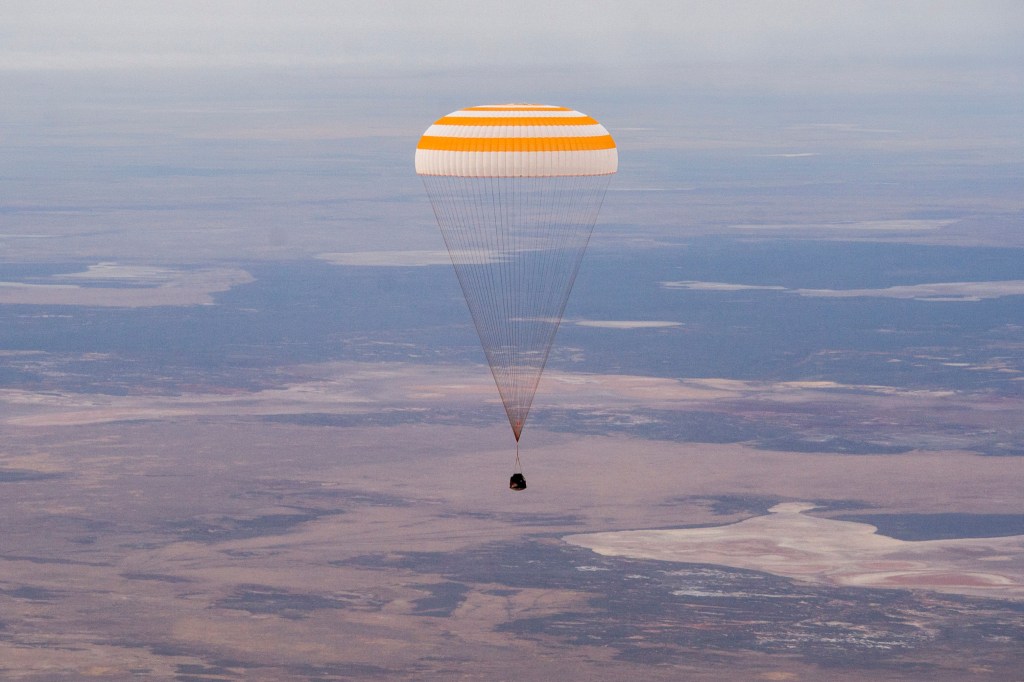 The Soyuz MS-16 spacecraft is seen as it lands in a remote area near the town of Zhezkazgan, Kazakhstan with Expedition 63 crew members Chris Cassidy of NASA, and Anatoly Ivanishin and Ivan Vagner of Roscosmos, Thursday, October 22, 2020, Kazakh time (Oct. 21 Eastern time). Cassidy, Ivanishin and Vagner returned after 196 days in space having served as Expedition 62-63 crew members onboard the International Space Station.