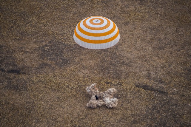The Soyuz MS-16 spacecraft is seen as it lands in a remote area near the town of Zhezkazgan, Kazakhstan with Expedition 63 crew members Chris Cassidy of NASA, and Anatoly Ivanishin and Ivan Vagner of Roscosmos, Thursday, October 22, 2020, Kazakh time (Oct. 21 Eastern time). Cassidy, Ivanishin and Vagner returned after 196 days in space having served as Expedition 62-63 crew members onboard the International Space Station.