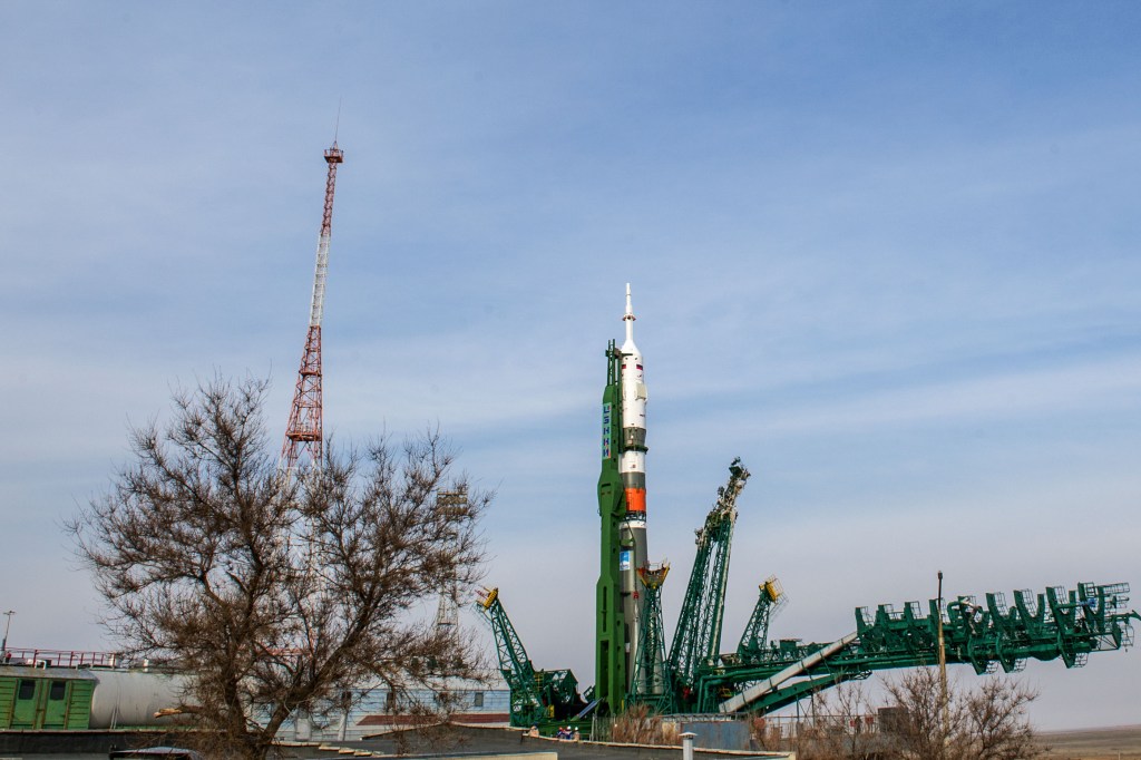 At the Baikonur Cosmodrome in Kazakhstan, the Soyuz MS-16 spacecraft and its booster stand vertically at the Site 31 launch pad April 6 for final preparations for launch following rollout. Expedition 63 crewmembers Chris Cassidy of NASA and Anatoly Ivanishin and Ivan Vagner of Roscosmos are set to launch aboard the Soyuz MS-16 April 9 for a six-and-a-half month mission on the International Space Station.