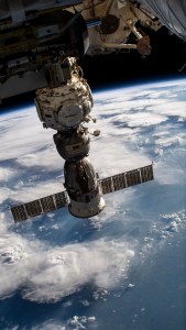 The Soyuz MS-21 crew ship is pictured attached to the Prichal docking module as the International Space Station orbited 259 miles above the Caribbean Sea in between the island nations of Grenada and Trinidad and Tobago..