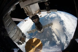 (From bottom to top) The Northrop Grumman Cygnus space freighter, the Soyuz MS-12 crew ship and the Progress 72 cargo craft are pictured attached to the International Space Station as the orbiting complex flew 258 miles above the Gulf of St. Lawrence.
