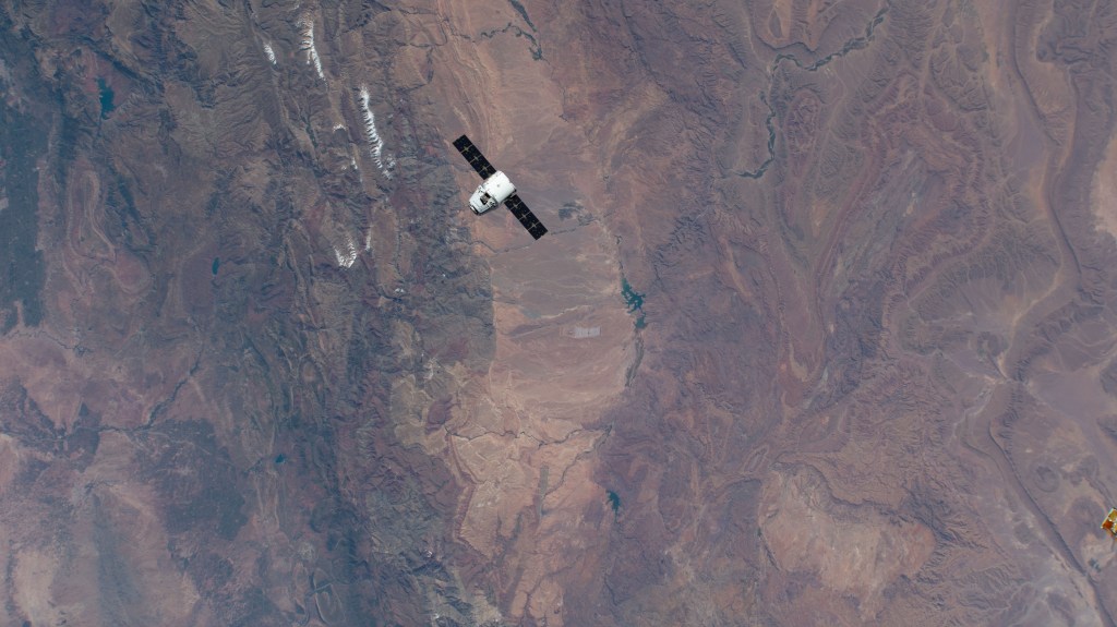 The SpaceX Dragon cargo craft approaches the International Space Station 256 miles above Morocco. Astronaut David Saint-Jacques would command the Canadarm2 robotic arm to capture Dragon as astronaut Nick Hague backed him up and monitored systems.