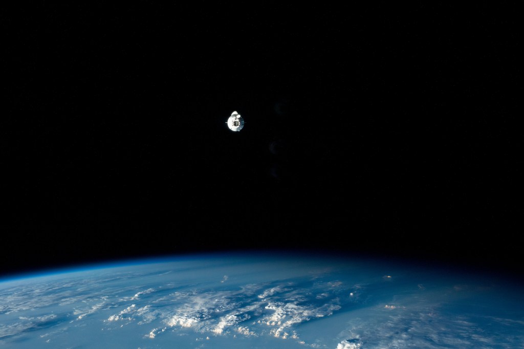 iss068e075422 (March 16, 2023) --- The SpaceX Dragon resupply ship approaches the International Space Station carrying more than 6,200 pounds of science experiments, crew supplies, and other cargo, to replenish the Expedition 68 crew. Both spacecraft were flying 260 miles above the Bay of Bengal at the time of this photograph.