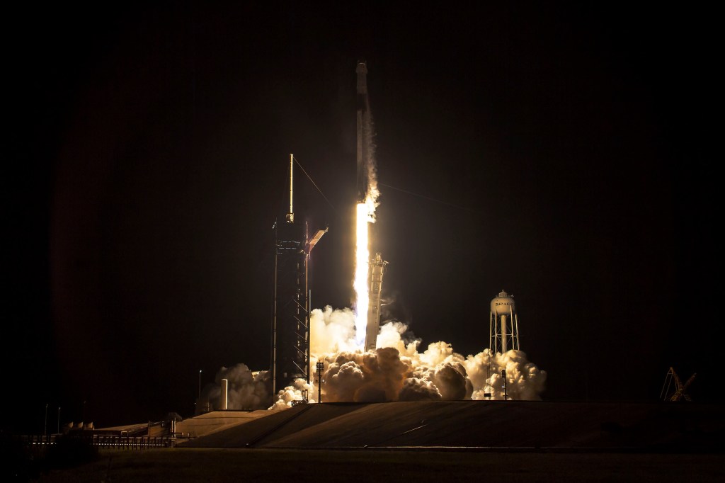 The SpaceX Falcon 9 rocket with the Dragon Freedom crew ship atop launches from the Kennedy Space Center in Floirda toward the International Space Station. The four SpaceX Crew-4 astronauts with Commander Kjell Lindgren, Pilot Robert Hines and Mission Specialists Jessica Watkins and Samantha Cristorforetti will live and work on the orbiting lab for four-and-a-half months. Credit: SpaceX