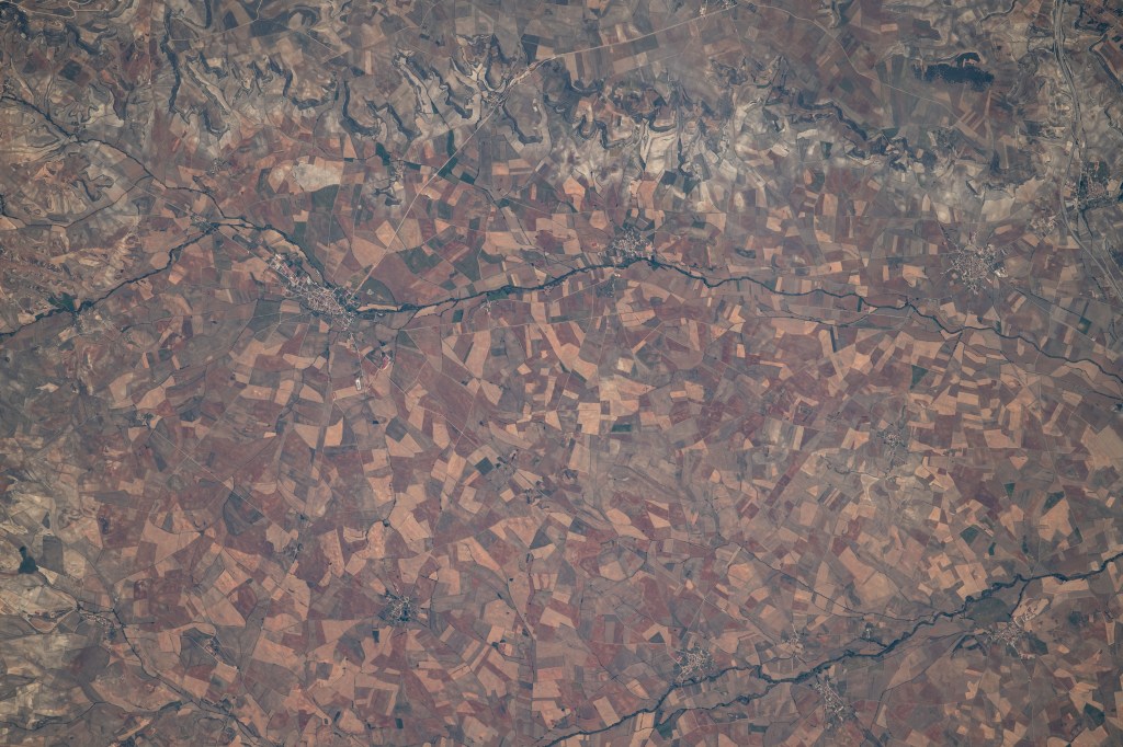 The cities of Villadiego, Villegas and Sasamon along the Rio Brulles are pictured in the Province of Burgos in northern Spain. The International Space Station was orbiting 254 miles above the historic and archaeologically significant region.