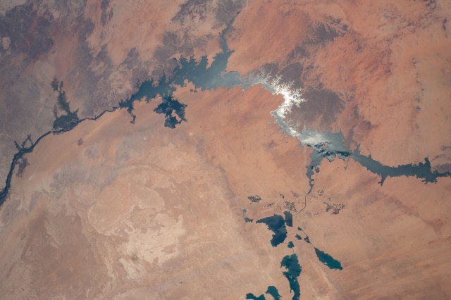 The sun's glint beams off Lake Nasser in Southern Egypt in this photograph from the International Space Station as it orbited 257 miles above.