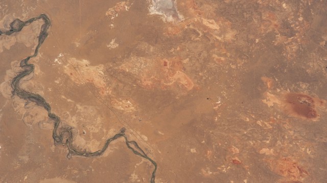 The Syr River in southern Kazakhstan is pictured from the International Space Station as it orbited 263 miles above the Central Asian nation.