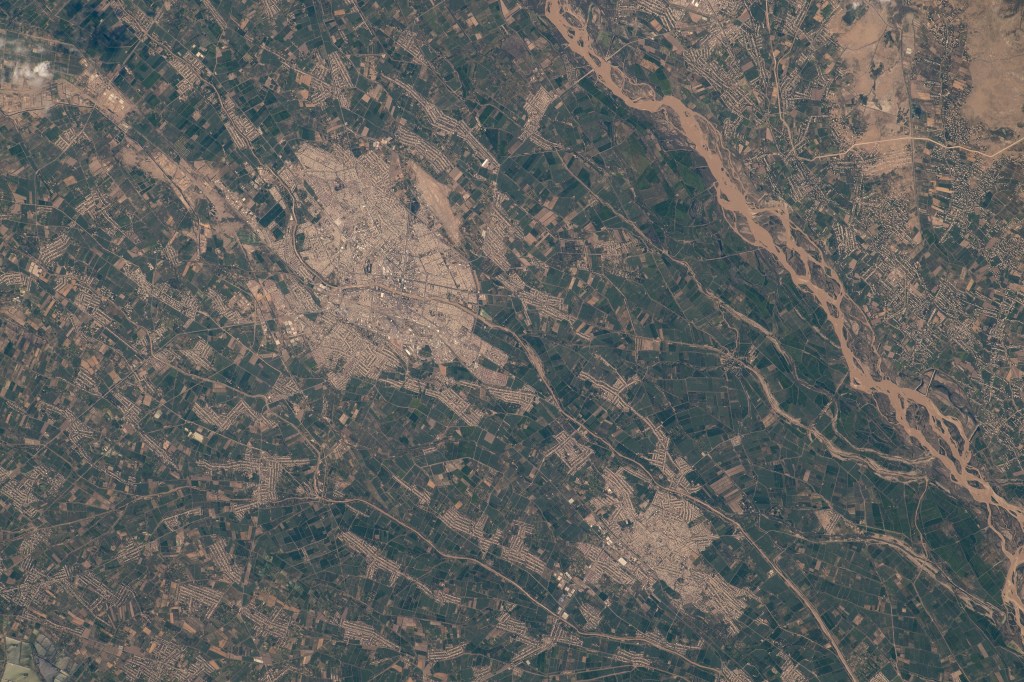The Uzbekistan cities of Urgench and Xonqa near the Amu Darya, a major river in Central Asia, are pictured from the International Space Station as it orbited 259 miles above.