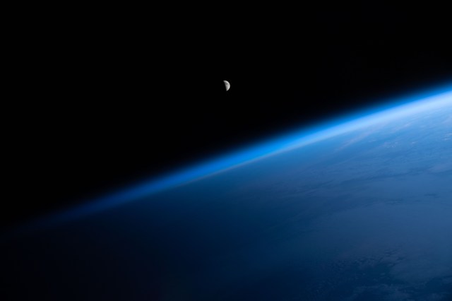 The waning crescent Moon is pictured from the International Space Station as it flew into an orbital sunrise 260 miles above the Atlantic Ocean off the northwest coast of the United States.