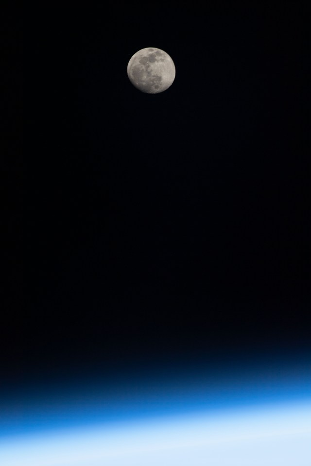 The waxing gibbous Moon is photographed above Earth's horizon from the International Space Station as it orbited 261 miles above Turkey.