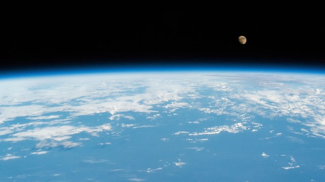 The waxing gibbous Moon is pictured from the International Space Station as it orbited 260 miles above the Pacific Ocean south of Alaska's Aleutian Islands.