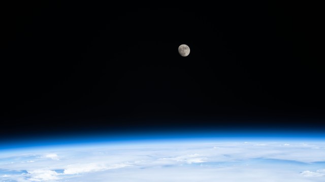 The waxing gibbous Moon is pictured from the International Space Station as it orbited 259 miles above the Pacific Ocean off the coast of north California.