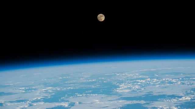 The waxing gibbous Moon is pictured from the International Space Station as it orbited 258 miles above the Pacific Ocean north of the Hawaiian island chain.