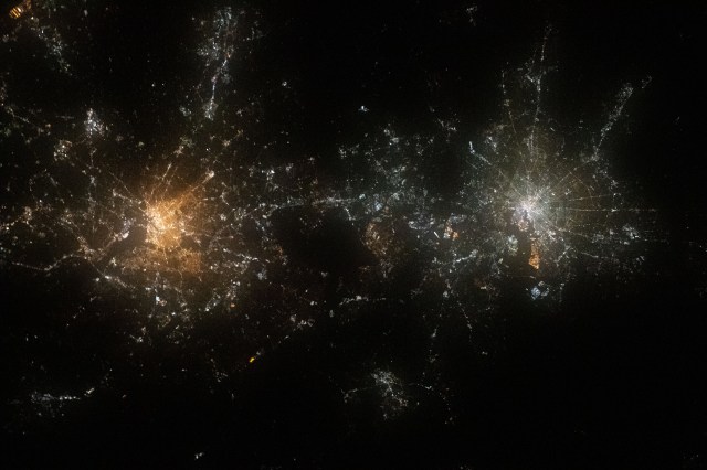 Like two galaxies swirling near each other, this nighttime shot from the International Space Station shows the well-lit cities (from left) of Washington, D.C., Baltimore, Maryland and their surrounding suburbs.