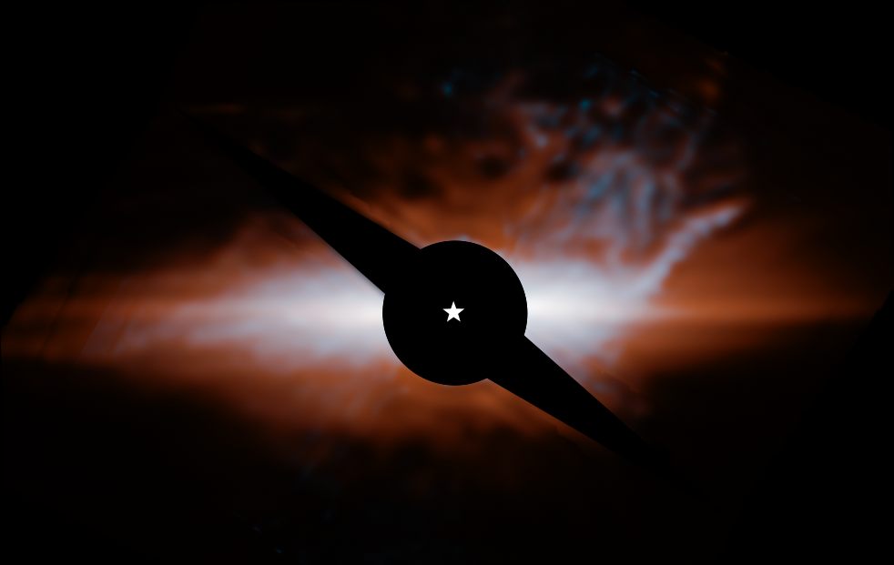 Star system Beta Pictoris. A thin, elongated horizontal orange line appears at the center of the frame, extending almost to the edges. This is a debris disk seen edge-on. A thin blue-green disk is inclined about five degrees counterclockwise relative to the orange main disk. Cloudy, translucent gray material is most prominent near the orange main debris disk. Some of the gray material forms a curved feature in the upper right, resembling a cat’s tail. The central star, represented as a small white star icon, is blocked by an instrument known as a coronagraph, which forms a large black circle at center and two small disks pointing to the upper left and lower right. The background of space is black.