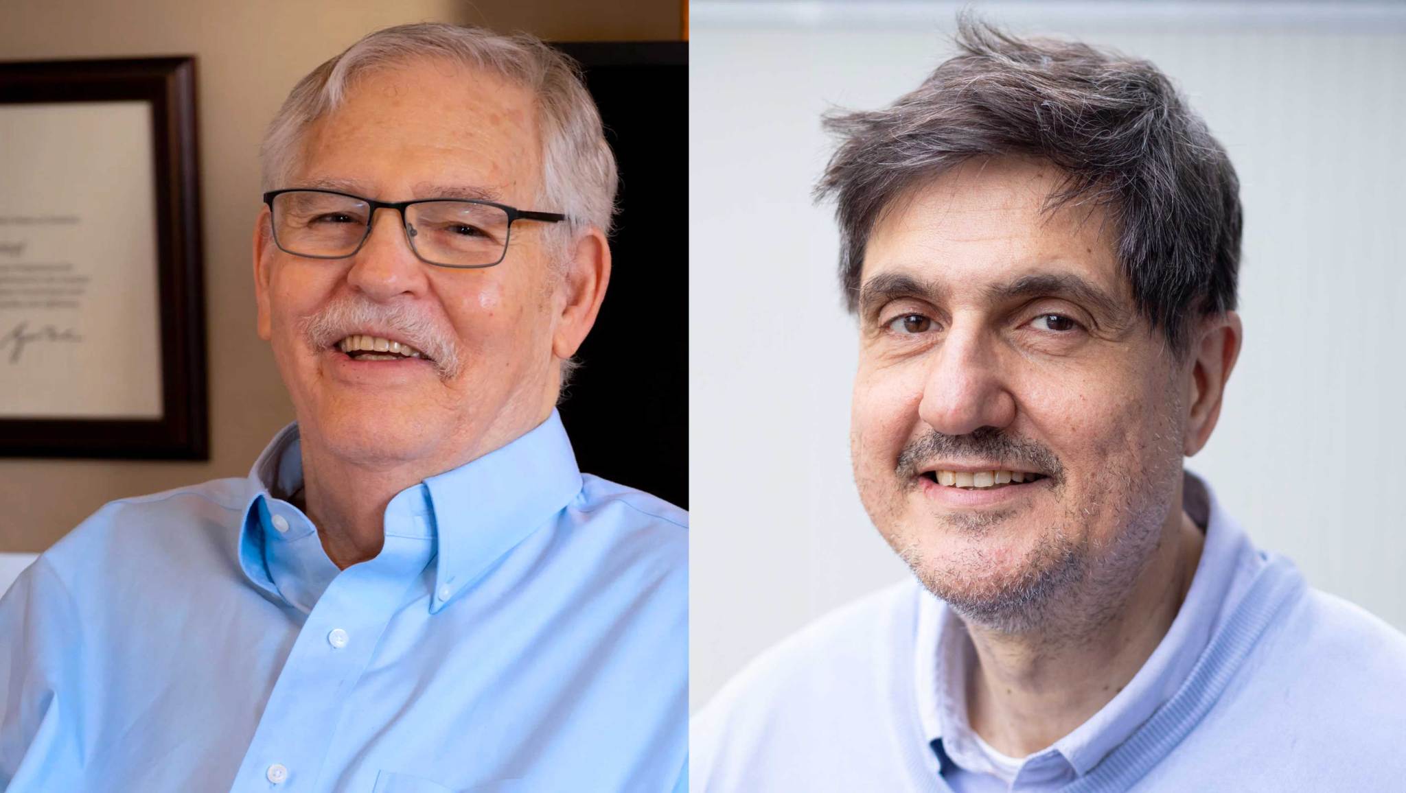 A double photo of two male IXPE scientists. The man on the left is an older man with grey hair, glasses and a blue shirt. The man on the right has short brown hair and a blue button up shirt.