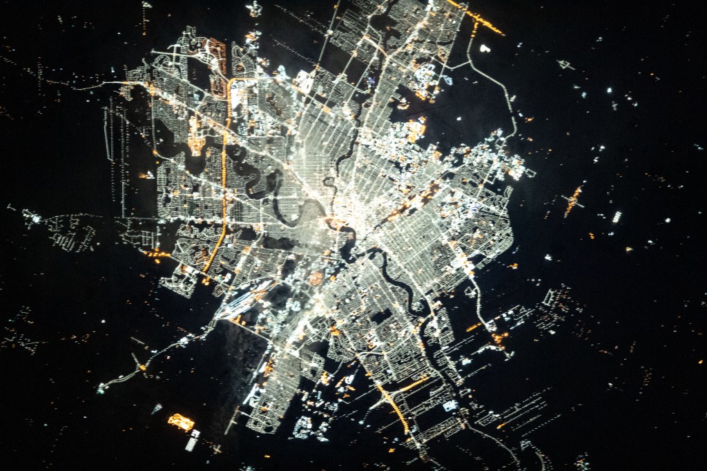 Winnipeg, in the Canadian province of Manitoba, is photographed in this nighttime shot as the International Space Station orbited 261 miles above North America.
