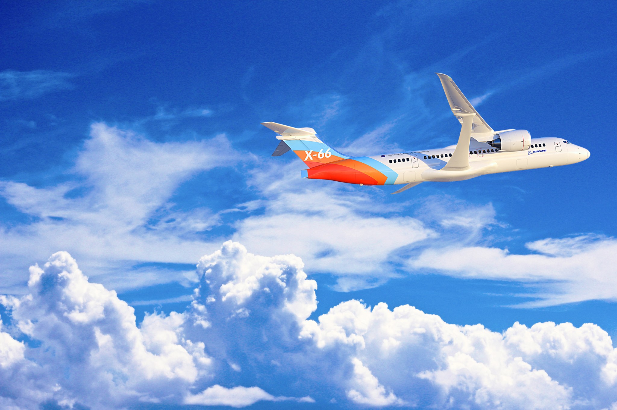 Artist concept shows a mid-sized airliner with a long, skinny wing held up by braces flying through a cloudy sky.