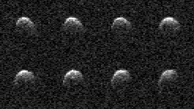 The day before asteroid 2008 OS7 made its close approach with Earth on Feb. 2, this series of images was captured by the powerful 230-foot (70-meter) Goldstone Solar System Radar antenna near Barstow, California.