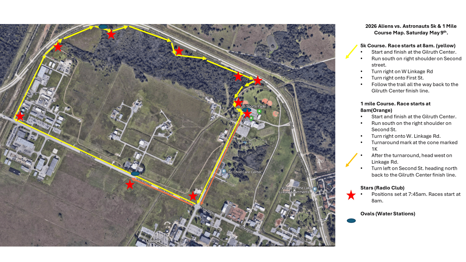 An aerial view of the JSC 2026 Aliens vs. Astronauts 1K and 5K race paths.