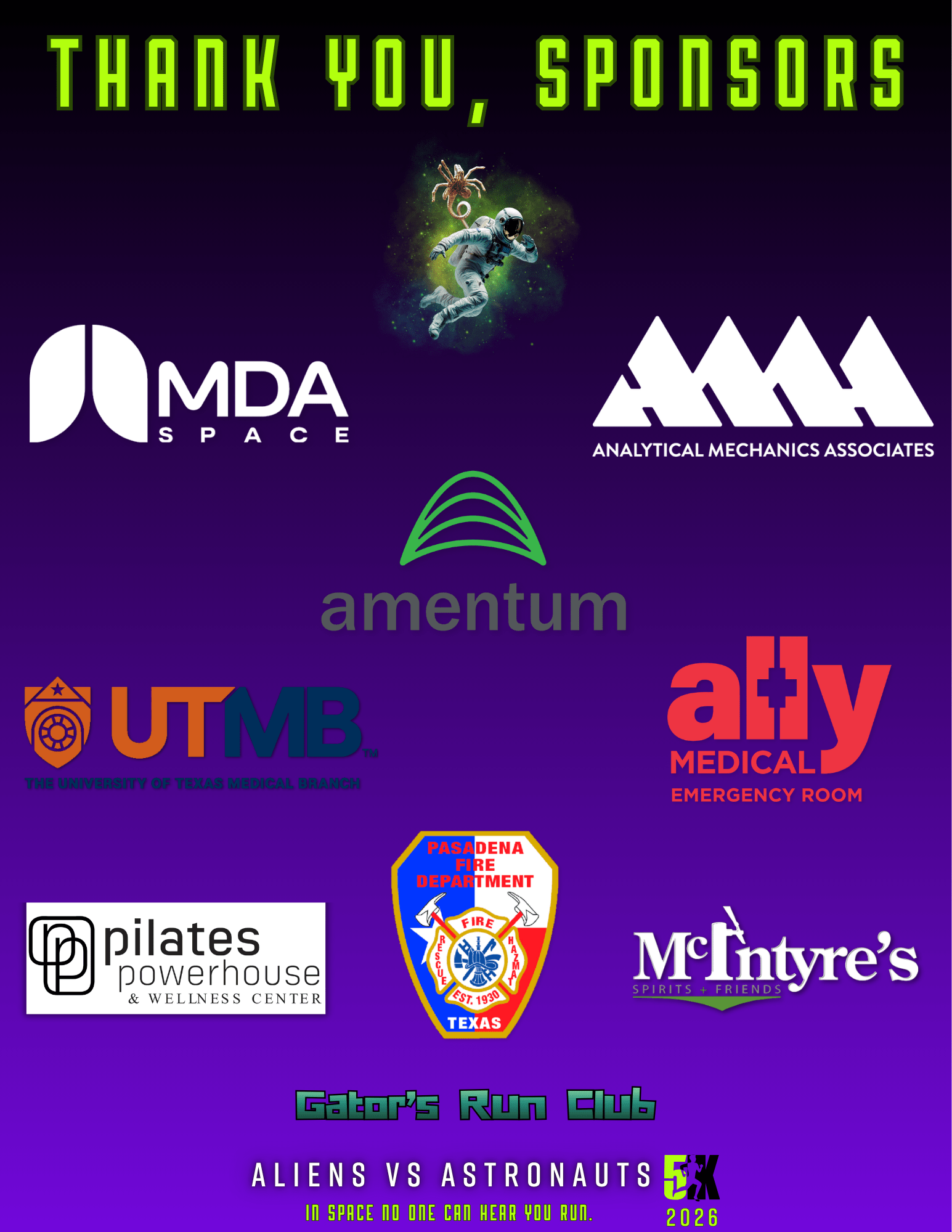A list of sponsors for the 2026 Aliens vs Astronauts 5K Fun Run.