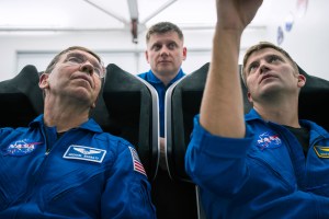 SpaceX Crew-8 crew members (from left) Michael Barratt from NASA; Alexander Grebenkin from Roscosmos; and Matthew Dominick from NASA; are pictured during a training session at SpaceX headquarters in Hawthorne, California. Credit: SpaceX