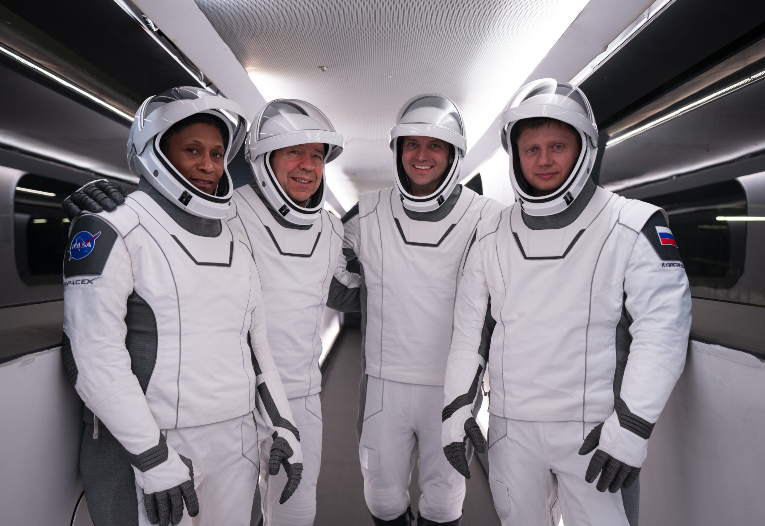 NASA's SpaceX Crew-8 crew members are photographed inside the crew access arm at Launch Complex 39A at NASA's Kennedy Space Center in Florida.