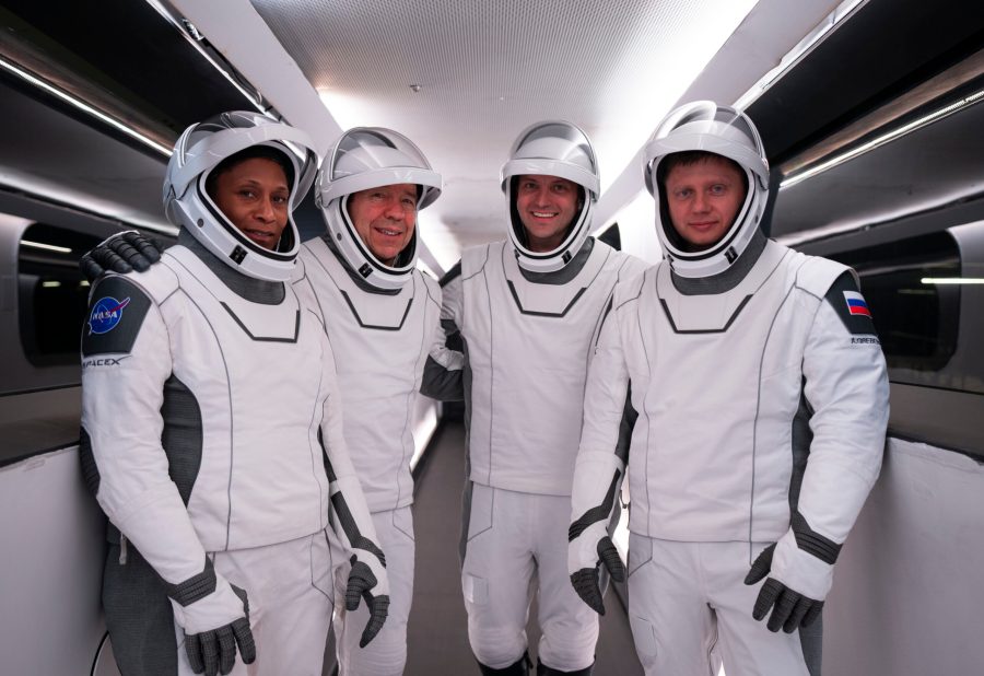 NASA's SpaceX Crew-8 crew members are photographed inside the crew access arm at Launch Complex 39A at NASA's Kennedy Space Center in Florida.