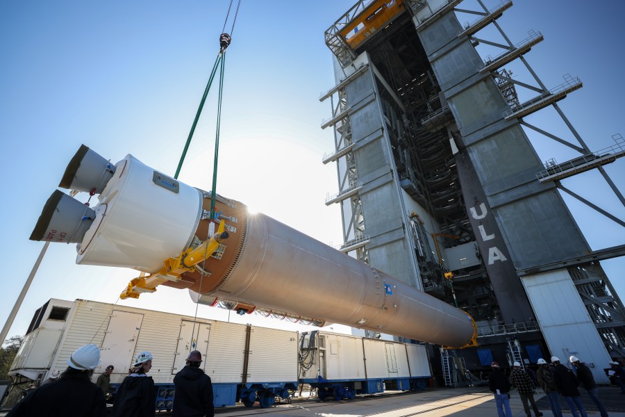 United Atlas V rocket raised to vertical at the Vertical Integration Facility at Space Launch Complex-41 at Cape Canaveral Space Force Station in Florida