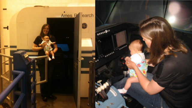 Two images - Left, Diana Acosta holding her daughter in front of the cab of NASA's Vertical Motion Simulator. Right, Diana Acosta with her daughter inside the control deck of the Vertical Motion Simulator.