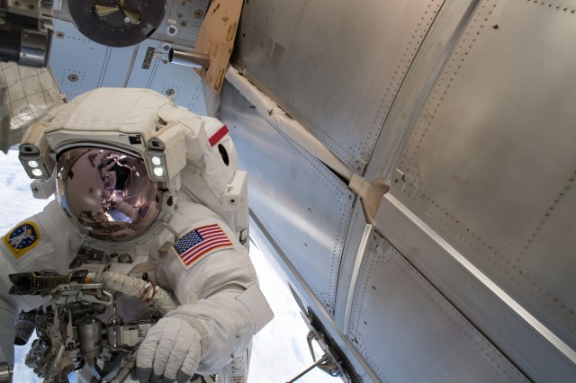Astronaut Drew Feustel is pictured outside of the Tranquility module during a spacewalk on May 16 to swap thermal control gear.