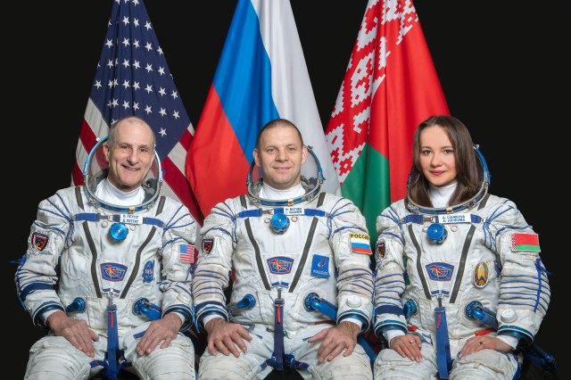Backup Soyuz MS-25 crew members (from left) Don Petti from NASA, Ivan Vagner from Roscosmos, and Anastasia Lenkova from Belarusia pose for a portrait at the Gagarin Cosmonaut Training Center in Russia.