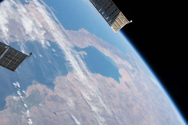 Baja California and the northwestern coast of Mexico are pictured with Russian spacecraft solar arrays in the foreground. The International Space Station was orbiting above the Mexican state of Sinaloa at the time this photograph was taken.
