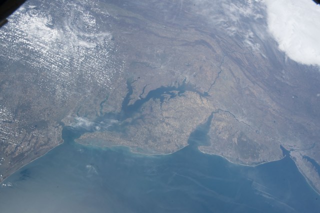 Chesapeake Bay, Delaware Bay and the east coast of the United States from South Carolina to Connecticut were pictured as the International Space Station orbited 250 miles above the Atlantic Ocean.