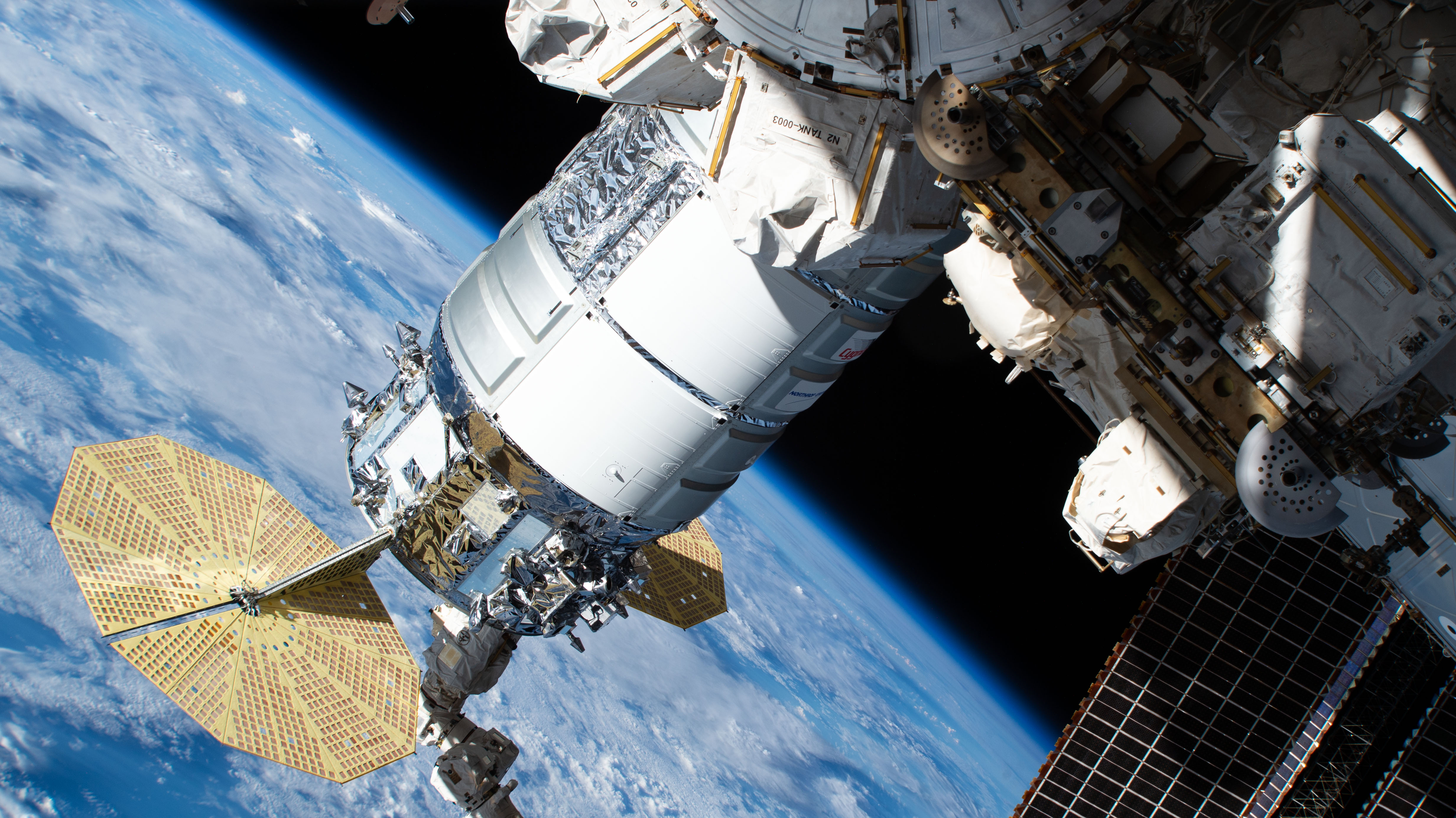 iss062e025687 (Feb. 18, 2020) --- Northrop Grumman's Cygnus cargo craft is pictured attached to the Unity module shortly after being captured with ...