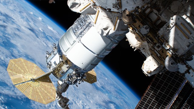 iss062e025687 (Feb. 18, 2020) --- Northrop Grumman's Cygnus cargo craft is pictured attached to the Unity module shortly after being captured with the Canadarm2 robotic arm where it will stay for three months.