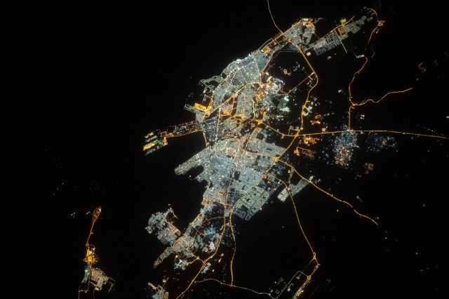 iss062e112826 (March 25, 2020) --- Dammam, the capital city of the Eastern Province of Saudi Arabia, is pictured from the International Space Station orbited above the Arabia Peninsula.