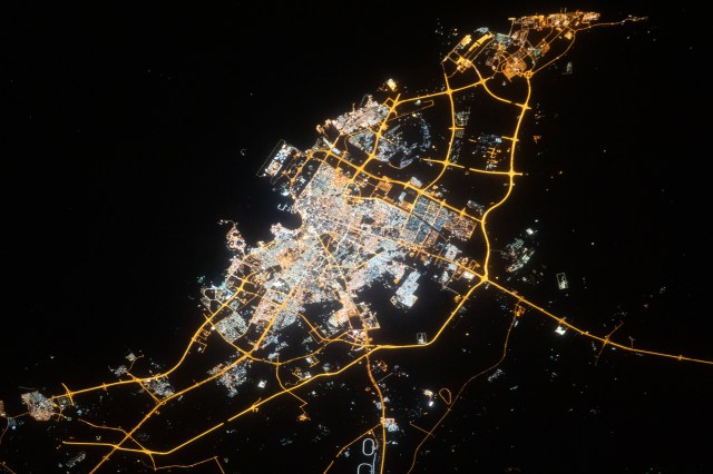 iss062e112843 (March 25, 2020) --- Doha, the capital city of Qatar, is pictured from the International Space Station as it orbited above the Arabian peninsula.