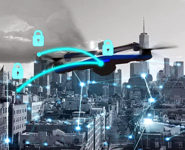 An imaginary drone flies over a city and is shown communicating with various wireless devices to navigate.
