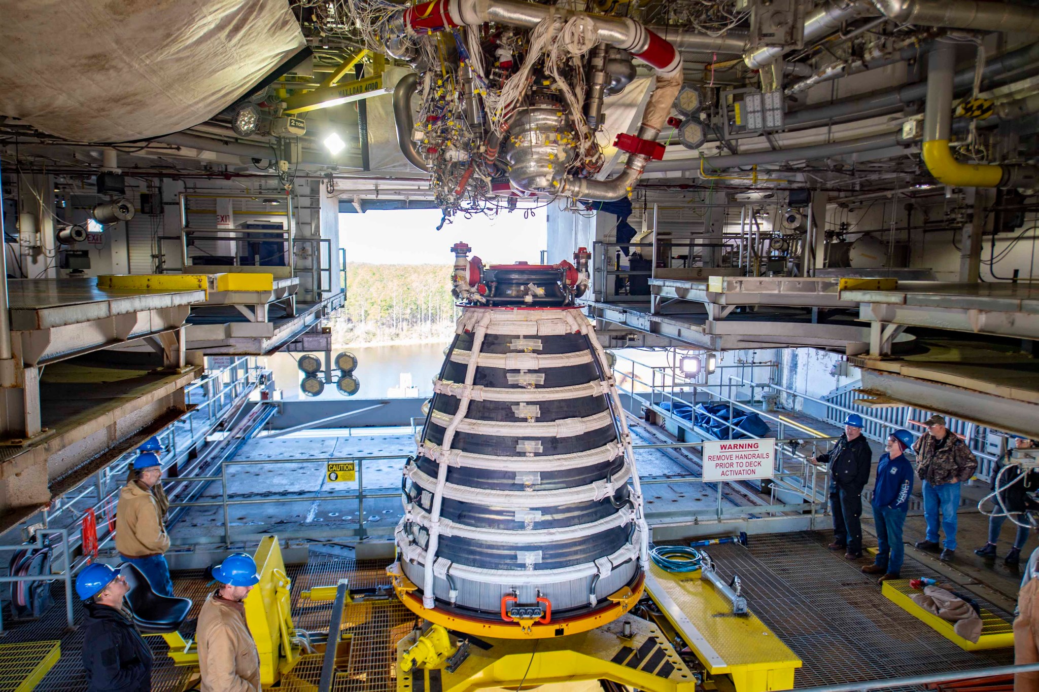 Close up view of a RS-25 test engine on the Fred Haise Test Stand at NASA Stennis