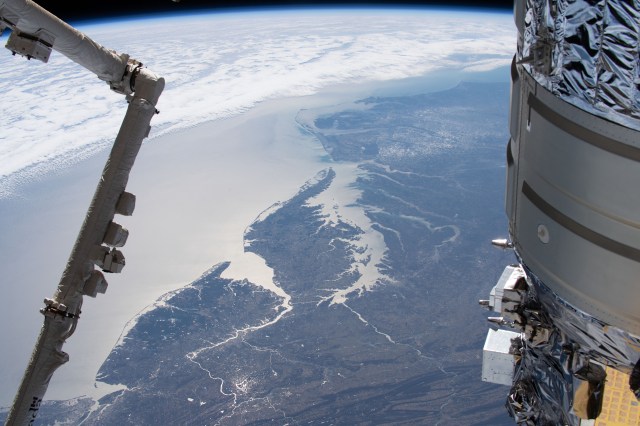 iss062e046715 (Feb. 22, 2020) --- This oblique view of the eastern United States highlights the coasts (bottom left to top right) of New Jersey, Delaware, Maryland, Virginia and North Carolina. The International Space Station was orbiting 265 miles above Canada when this photograph was taken by an Expedition 62 crewmember.