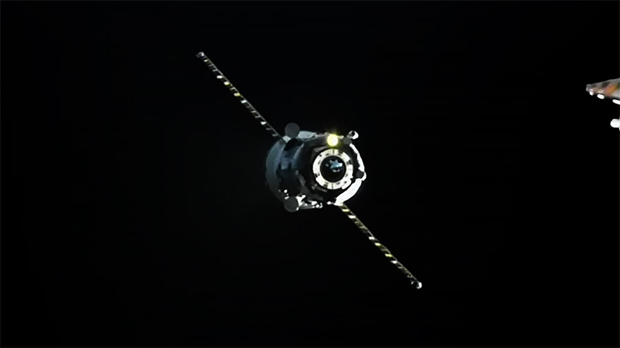 The Progress 70 cargo craft approaches the Zvezda service module's rear port for a docking to the International Space Station. Credit: NASA TV