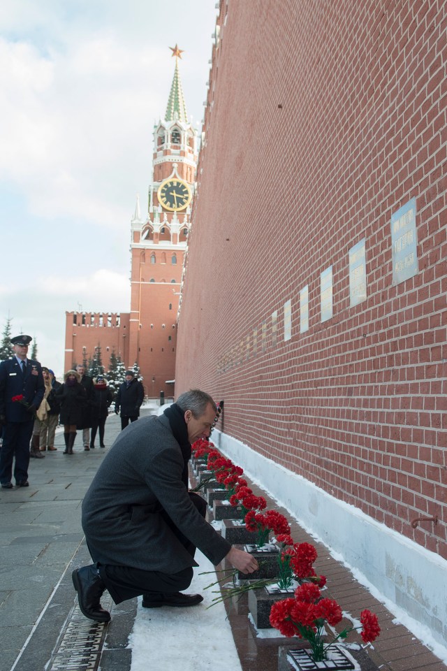 At Red Square in Moscow, Expedition 55 crew member Drew Feustel of NASA lays flowers at the Kremlin Wall where Russian space icons are interred in traditional pre-launch activities Feb. 22. Feustel, Oleg Artemyev of Roscosmos and Ricky Arnold of NASA will launch March 21 on the Soyuz MS-08 spacecraft from the Baikonur Cosmodrome in Kazakhstan for a five-month mission on the International Space Station.