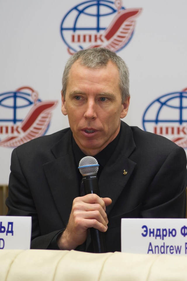 At the Gagarin Cosmonaut Training Center in Star City, Russia, Expedition 55 crew member Drew Feustel of NASA answers a reporter’s question during a crew news conference Feb. 22. Feustel, Ricky Arnold of NASA and Oleg Artemyev of Roscosmos will launch March 21 on the Soyuz MS-08 spacecraft from the Baikonur Cosmodrome in Kazakhstan for a five-month mission on the International Space Station.